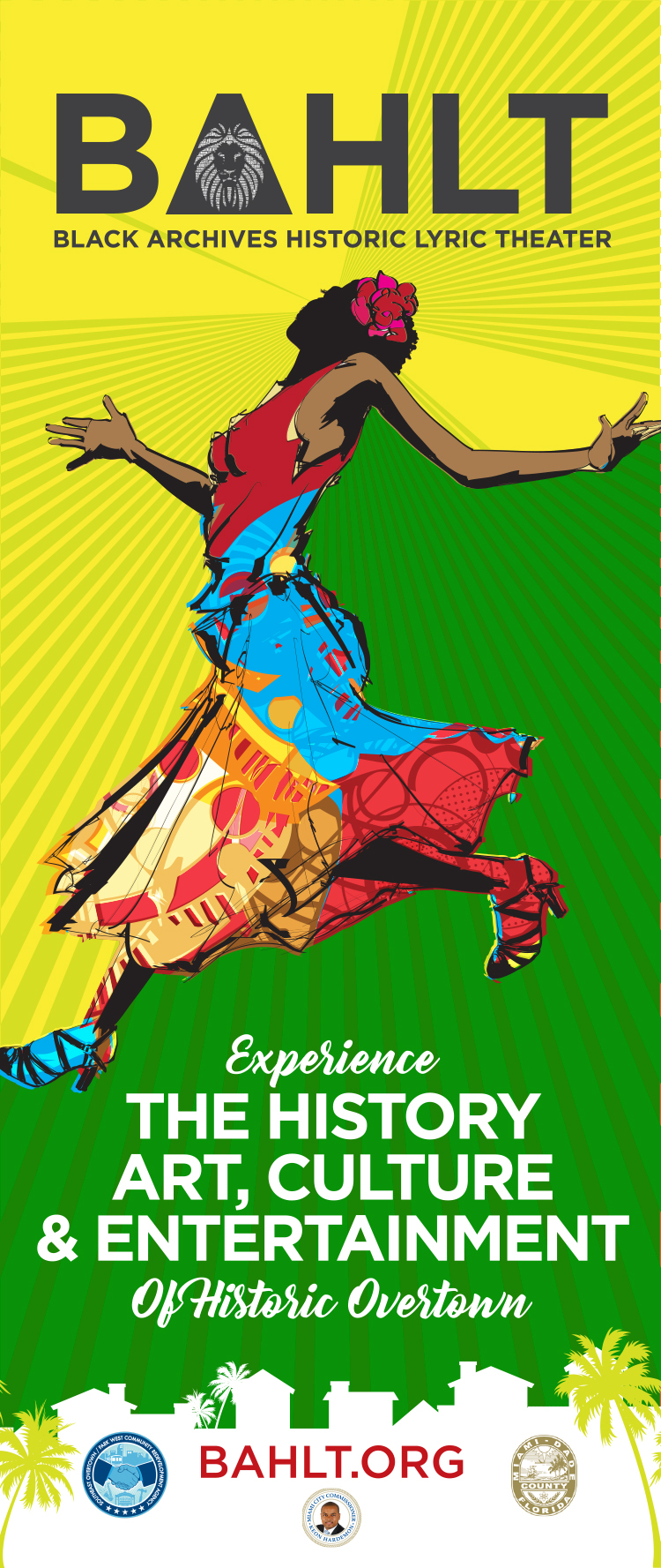 Woman dancing in clolorfull native dress on green and yellow background with block graphic of overtown at bottom of image with logos of sponsors